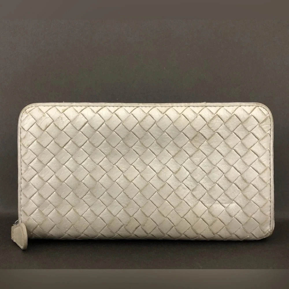 Authentic Bottega Veneta Intrecciato Lambskin Zip Around Long Wallet White